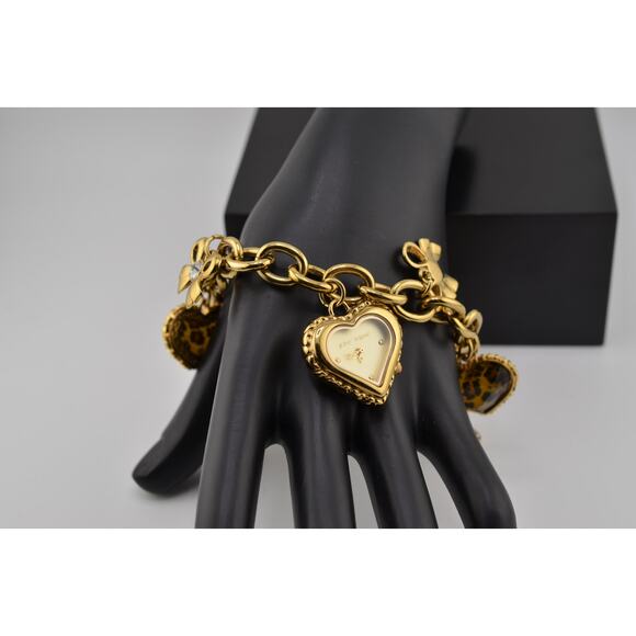 Betsey Johnson Gold Tone Leopard Spots Heart Watch Charm Bracelet - Picture 1 of 4